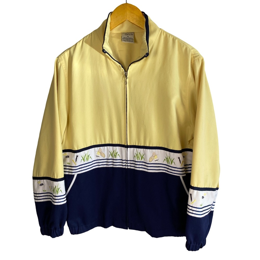 Allison Daley Vintage Golf Windbreaker Jacket Yellow Navy Blue Embroidered Sz 10